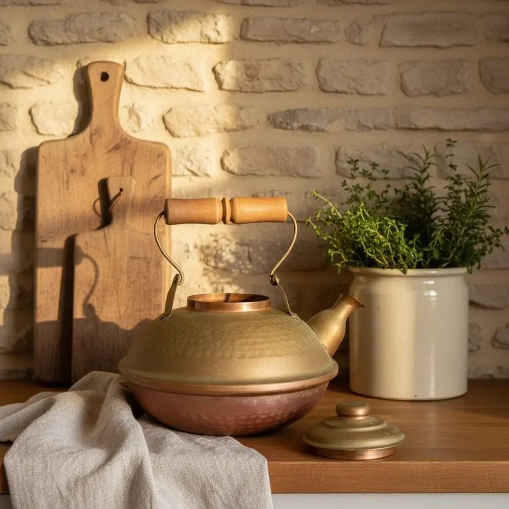 Vintage Hammered Copper Brass Kettle Teapot-Chile-Wood Handle-Rustic-Farmhouse
